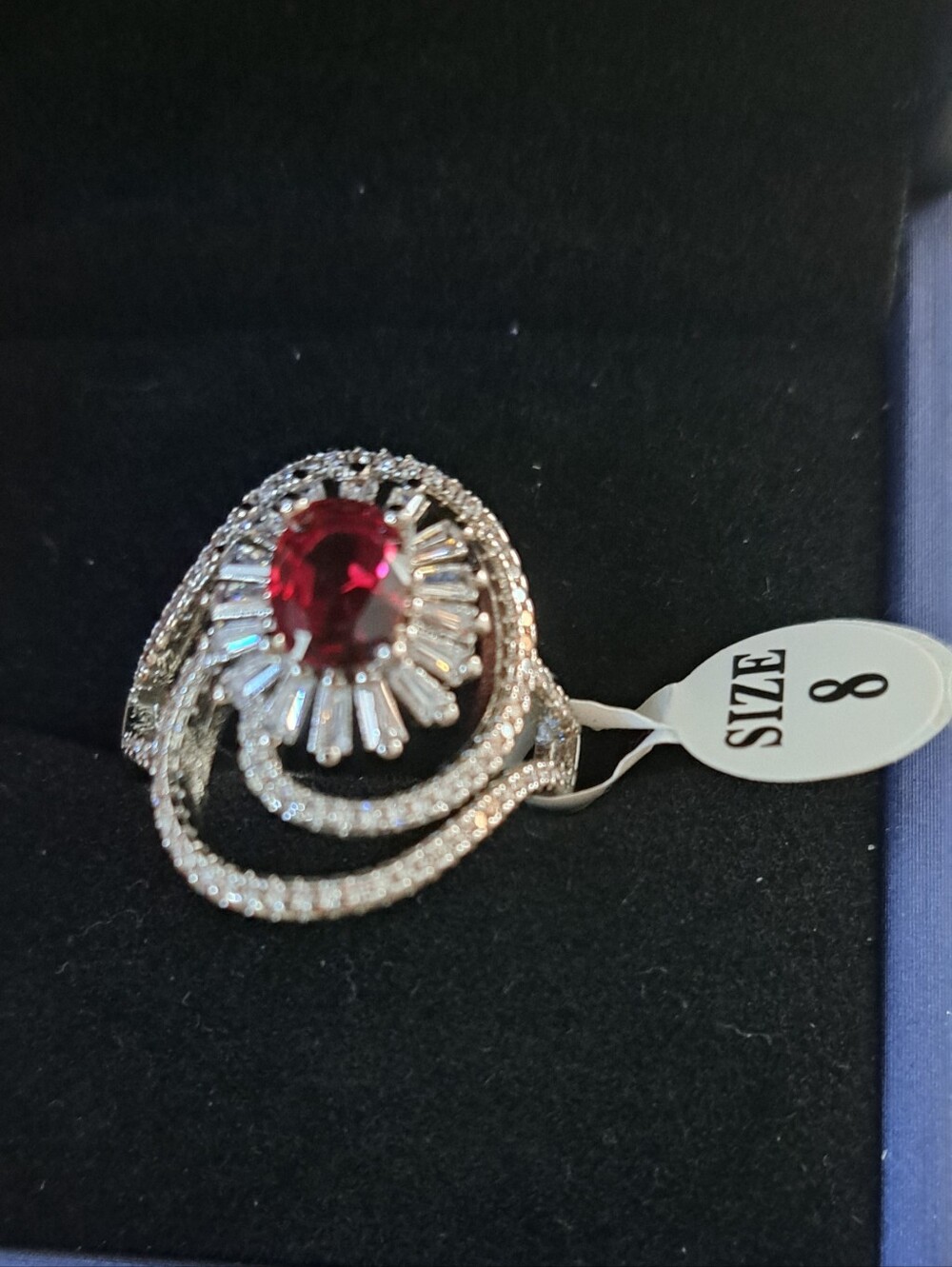 925 Silver Ring with Ruby Red Center and Crystal Halo - Size 8